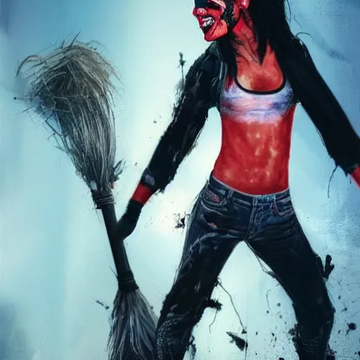 Image similar to a young Michelle Rodriguez dressed in tattered clothes, with red face paint in fighting pose holding a broom, wide full body, movie poster, realistic hyper detailed concept art