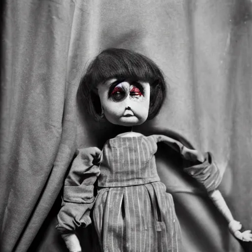 Image similar to ventriloquist doll holding a knife hiding behind a curtain, ventriloquist dummy, photo, hyperrealistic, creepy, dark, epic, cinematic, style of atget, style of cabinet of dr. caligari, detailed