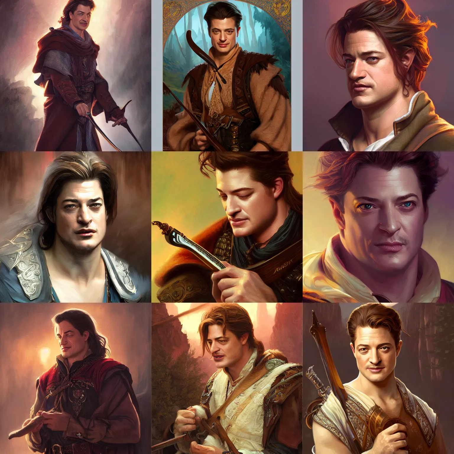 Prompt: smirking male bard, brendan fraser, twilight lighting, portrait, D&D, fantasy, highly detailed, digital painting, artstation, concept art, sharp focus, illustration, art by artgerm and greg rutkowski and alphonse mucha