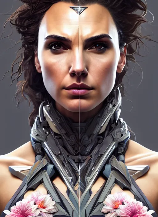 Prompt: symmetry!! portrait of gal gadot, floral! horizon zero dawn machine, intricate, elegant, highly detailed, digital painting, artstation, concept art, smooth, sharp focus, illustration, art by artgerm and greg rutkowski and alphonse mucha, 8 k