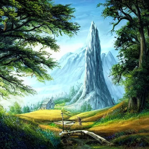 Prompt: painting lord of the rings idyllic landscape, forrest, tower