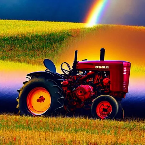 Prompt: a burning tractor over a rainbow