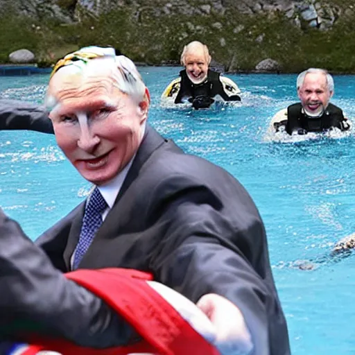 Image similar to putin, trump, obama and bush are below water scubadibing while smiling and having a great time