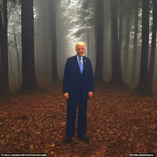 Image similar to joe biden with 4 arms, standing ominously barely in view far into the foggy woods with a demonic wide smile in his face, low quality iphone photo, creepy
