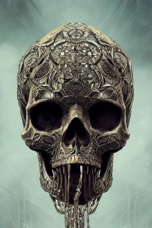 Image similar to concept art skull, the skull is decorated with art deco patterns, close - up portrait, powerfull, intricate, elegant, volumetric lighting, scenery, digital painting, highly detailed, artstation, sharp focus, illustration, concept art, ruan jia, steve mccurry