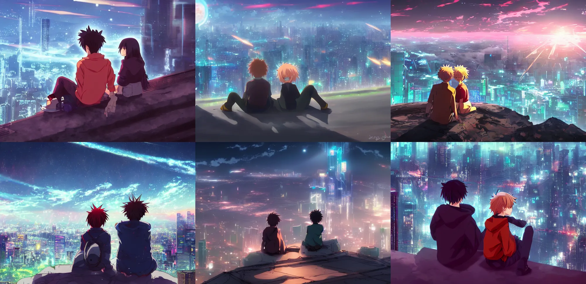 Prompt: an anime shot of a boy and a girl sitting on a hill overlooking a cyberpunk city, cosmic skies, trending on artstation, digital art