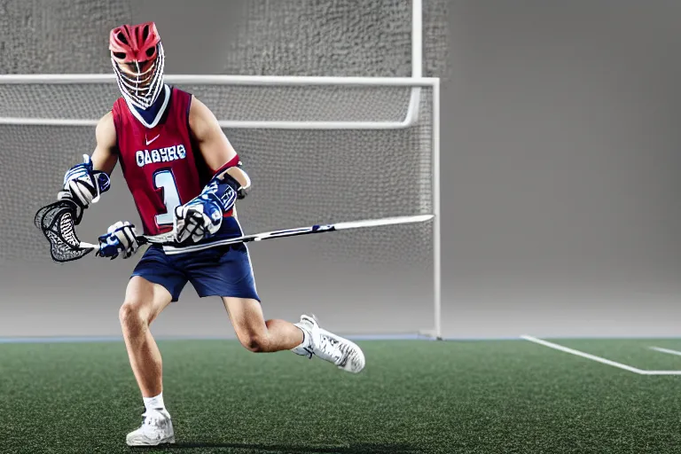 Image similar to lacrosse player, soccer field, cascade helmet, realistic, running, very detailed, 8k, high resolution, ultra realistic, no grain, symmetry, normal proportions, sports illustrated style, Cascade XRS Custom Lacrosse Helmet, brine lacrosse stick, Brine Lacrosse King V Gloves, normal feet, Nike Alpha Huarache 7 Elite, STX Surgeon 700 Lacrosse Arm Guards