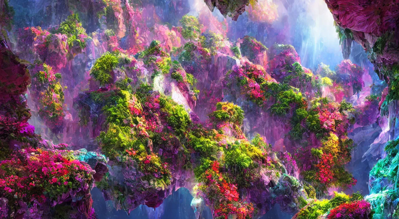 Image similar to biological crystallographic lattice bridging megastructure, in a canyon with flowers and lots of colors, by jack oliva - rendler, by glenn small, by albert bierstadt, photorealistic, zaha hadid, god rays, volumetric lighting, detailed, extremely intricate, raytrace, octane, light fog, neon