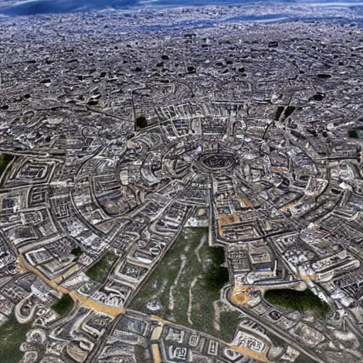 Prompt: ancient goth city with spiral-shaped streets drowns into insanity hyperreality hd 8k plane view