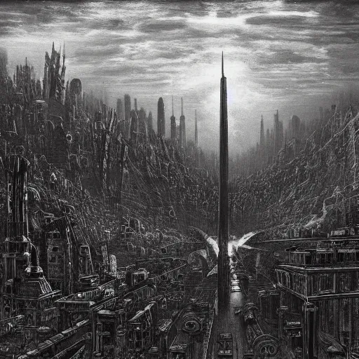 Image similar to dieselpunk city drawn by gustave dore