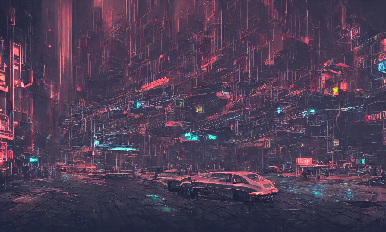 Prompt: fractal circuit motherboard, brutalist buildings, metal, concrete, wet streets, neon lights, neon signs, vehicles, pedestrians, syd mead, ralph mcquarrie, doug chiang, concept art, matte painting, finely detailed, minimal artifacts, rule of thirds, dynamic lighting, cinematic, denoised, centered, artstation