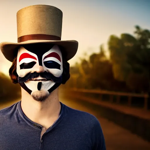 Image similar to australian man wearing guy fawkes mask, professional cosplay, cinematic, key light, 4 k, 8 k, photorealistic, ultra realistic, hyperrealistic, funny, happy