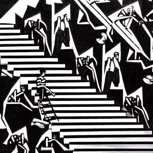 Prompt: MC Escher's 'relativity' stairs with Waldo (Where's Waldo) walking on the stairs in different places
