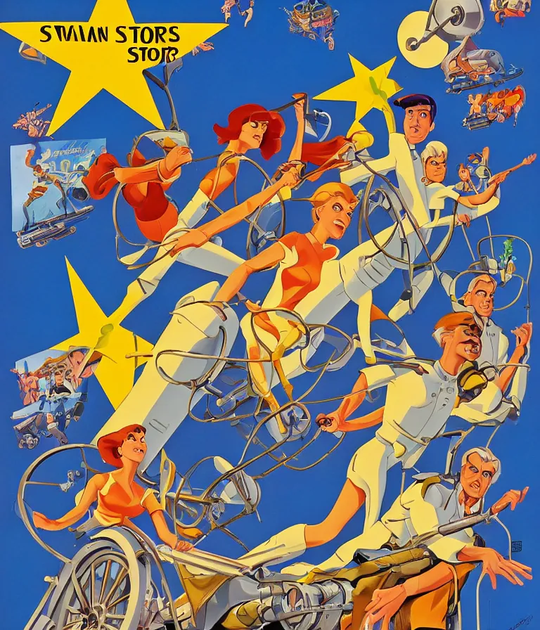 Image similar to Hannah Barbera cartoons of Five Star Stories as Whacky Wheels, promotional poster super detailed , xpensive production, realistic style, gouache colors, Hollywood retro cartoon poster, golden era of animation work