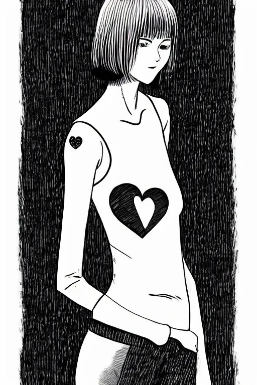 Image similar to portrait of a girl in long pants and a top, hands in pockets, eyes closed, red color heart shaped tattoo on the right hand, bob haircut, digital art, black and white, minimalistic illustration by junji ito and kaoru mori