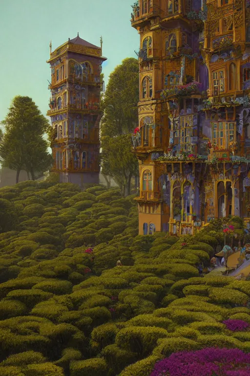 Image similar to painted tower of the moon in its gardens fairytale illustration, elaborate latticed balconies, tall windows, formal flower gardens, dramatic cinematic lighting, rich colors, golden age illustration, by Ludwig Deutsch and William Dyce and April Gornik and (Edmund Dulac and Nicholas Roerich),unreal engine