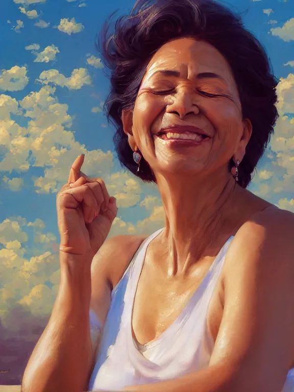 Image similar to an ultradetailed beautiful portrait painting of an older cuban woman smiling with closed eyes whilst enjoying the sun, side view, oil painting, high resolution, by ilya kuvshinov, greg rutkowski and makoto shinkai