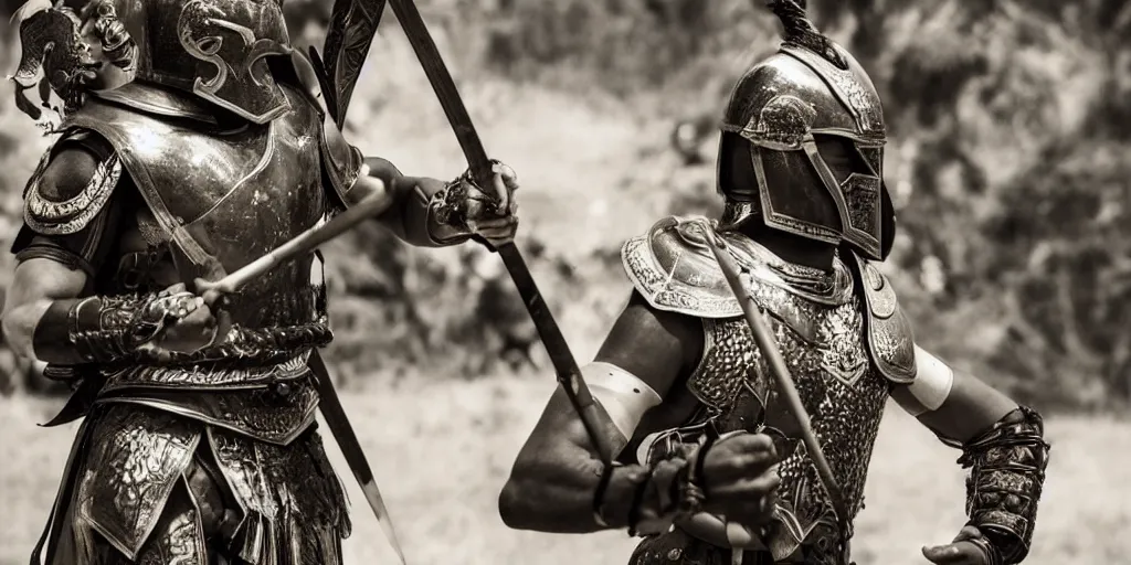 Image similar to sri lankan spartan warrior. holding bow. wearing intricate breastplate. on a battlefield. award winning. cinematic still. sharp focus. cinematic lighting.