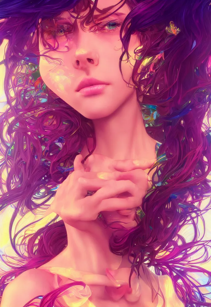 Image similar to beautiful, young woman, detailed gorgeous face, vaporwave aesthetic, synthwave, colorful, psychedelic, artstation, concept art, smooth, extremely sharp detail, finely tuned detail, ultra high definition, 8 k, unreal engine 5, ultra sharp focus, illustration, art by artgerm and greg rutkowski and alphonse mucha