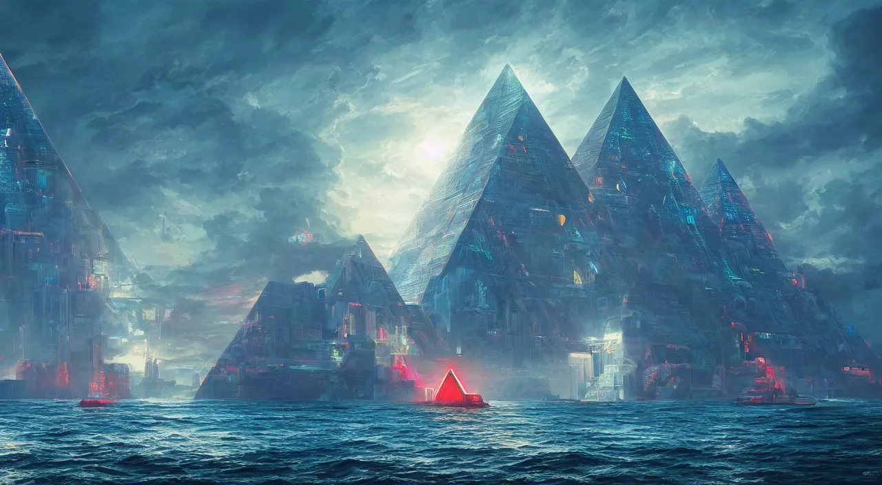 Prompt: a Stunning 3d painting of A cyberpunk pyramid at sea by gerg rutkowski and Daniel Romanovsky,epic lighting,beautiful sky,Retro colour,hyper detailed,Super realistic,cinematic,sci fi art,Masterpieces,8K Resolution