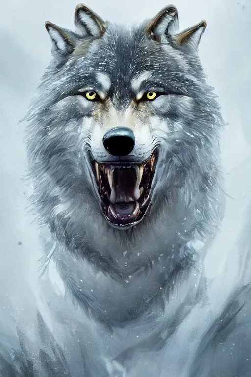 Image similar to a fancy portrait of a wolf with crystal fang's by Greg Rutkowski, Sung Choi, Mitchell Mohrhauser, Maciej Kuciara, Johnson Ting, Maxim Verehin, Peter Konig, final fantasy , mythical, 8k photorealistic, cinematic lighting, HD, high details, atmospheric,