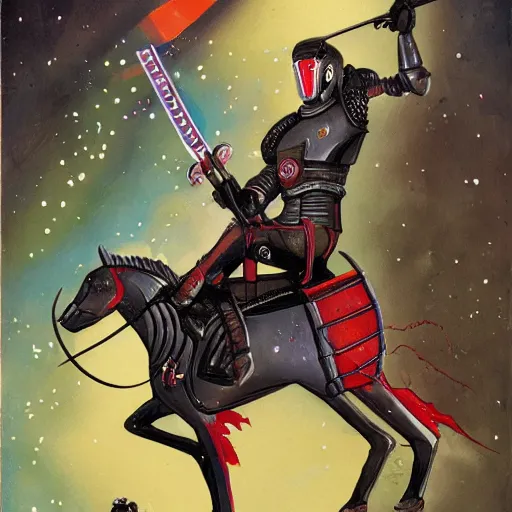 Prompt: a cybernetic knight holding a lance, riding a cyborg horse, sci fi, retro, illustrated by Richard Powers