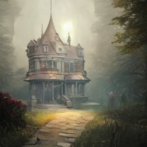 Prompt: clock house, magical world, by greg rutkowski, sung choi, photo realistic, 8 k, cinematic lighting, hd, atmospheric, hyperdetailed, trending on artstation, devainart, digital painting, glow effect