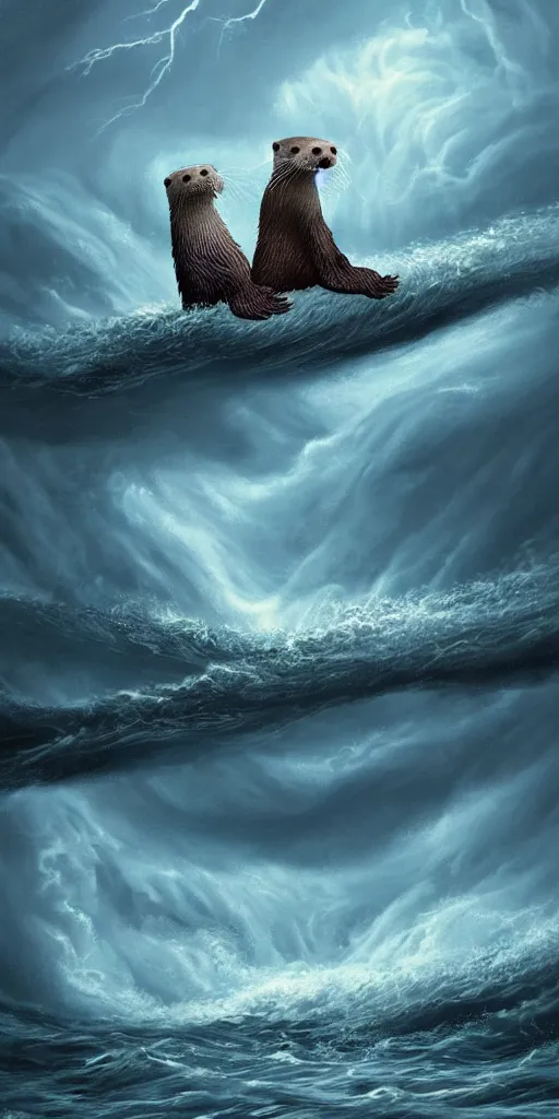 Image similar to An adorable Otter saving his wife from the whirlpool, in love holding hands side by side, in the middle of a super scary storm at sea, thunder, lightning, waves, fantasy illustration, cinematic, award winning, romantic, detailed trending on artstation, masterpiece