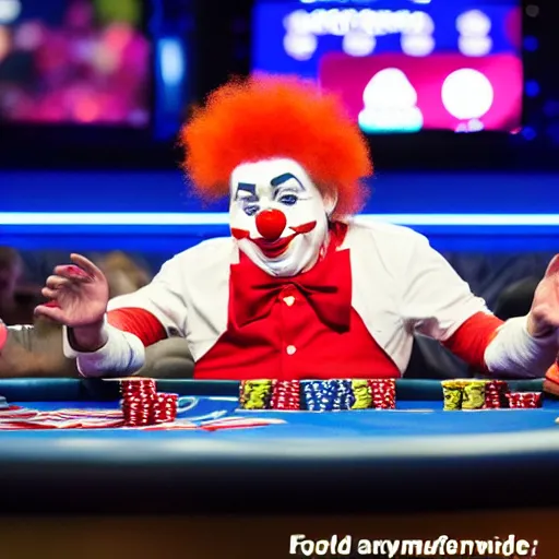 Image similar to world series of poker, a clown is at the final table, espn coverage, screenshot,