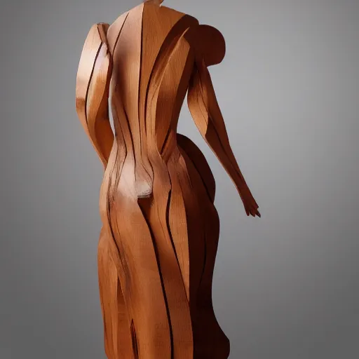 Prompt: Wood sculpture of a woman in a dress, studio lighting
