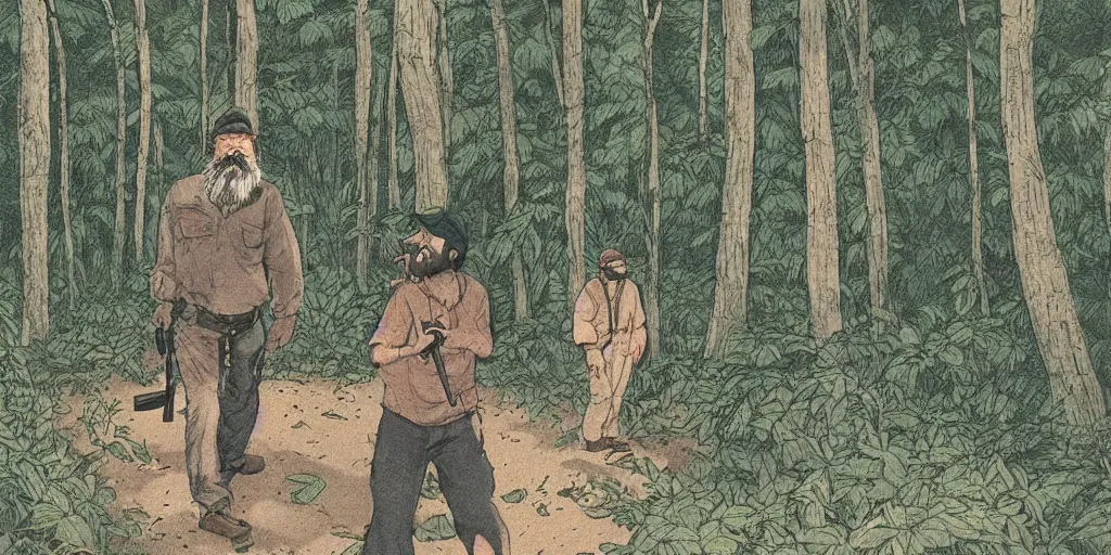 Image similar to stephen king film illustration of a caucasian bearded man alone in a lush green forest, wearing a baseball hat, japanese masterful illustration, 1 9 8 0 s style, apprehensive mood, man is carrying a rifle, alone, matte illustration, apocalyptic vibes