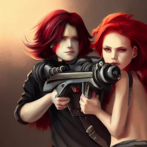 Image similar to a concept art of a boy and a girl with red hair holding a gun, gothic clothes, highly detailed, digital painting, artstation, concept art, smooth, sharp focus, illustration