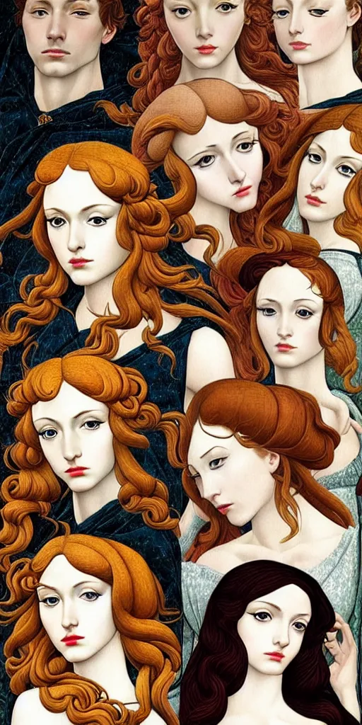 Image similar to the 12 months of the year as 12 figures, (3 are Winter, 3 are Spring, 3 are Summer and 3 are Autumn), in a mixed style of Botticelli and Æon Flux!, inspired by pre-raphaelite paintings, and shoujo manga, stunningly detailed, fine inking lines, flat colors, 4K photorealistic