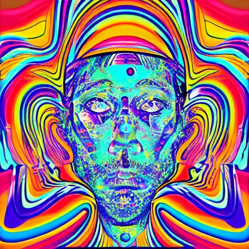 Image similar to a cool colourful psychedelic face in the style of an album cover