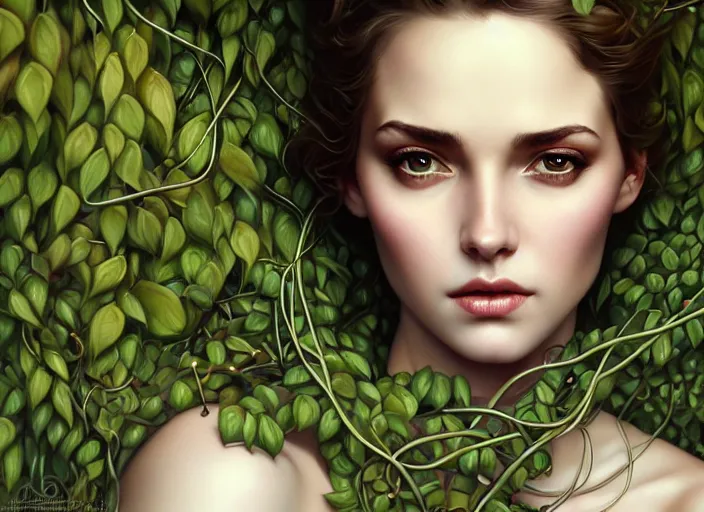 Prompt: highly detailed beautiful woman wrapped up in vines, illustration, full body realistic eyes, artstation, cinematic lighting, hyperdetailed, detailed realistic symmetrical eyes, cgsociety, 8k, high resolution, Charlie Bowater, Tom Bagshaw, Norman Rockwell, insanely detailed and intricate, clean white background