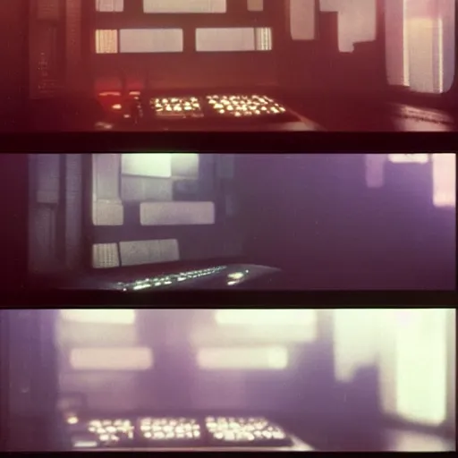 Image similar to 1 9 8 2 film stills of blade runner's deckard on his computer, upscaling a photo. his futuristic room is dark and atmospheric, touches of frank lloyd wright and syd mead,.