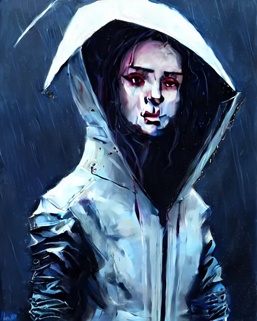 Image similar to detailed portrait of European Pretty Young Girl Storm Rain movie Jacket coat, Futuristic sci-fi fashion, royal attire by ismail inceoglu dragan bibin hans thoma greg rutkowski Alexandros Pyromallis Nekro Rene Margitte illustrated Perfect face, sharp chine, fine details, realistic shaded, fine-face, pretty face cyberpunk, neotokyo, synthwave, aesthetics, futuristic, low-emission-neon, bladerunner movie scene