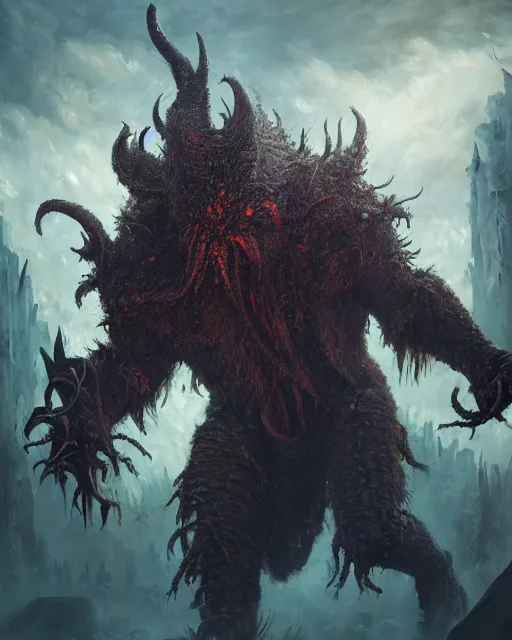 Prompt: oil painting of Angry Anthropomorphized Cthulhu Berserker, wearing fur armor, claws, sharp focus, attack pose, fantasy style, octane render, volumetric lighting, 8k high definition, by greg rutkowski, highly detailed, trending on art Station, magic the gathering artwork, burning Battlefield background, centered