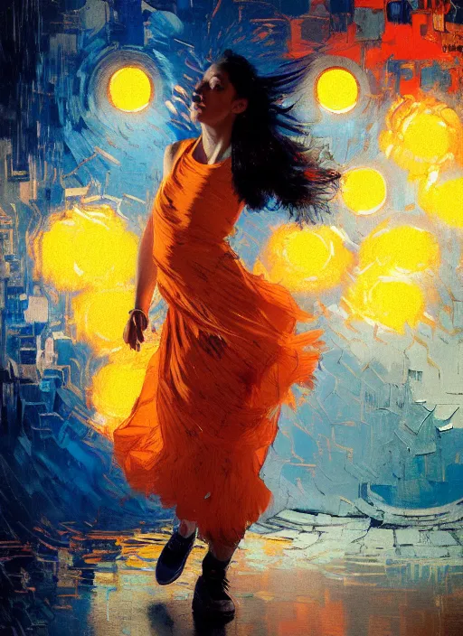 Prompt: portrait of beautiful girl, dancing, ecstatic, nighclub, sunset, shades of orange and blue, beautiful face, rule of thirds, intricate outfit, spotlight, by greg rutkowski, by jeremy mann, by francoise nielly, by van gogh, digital painting