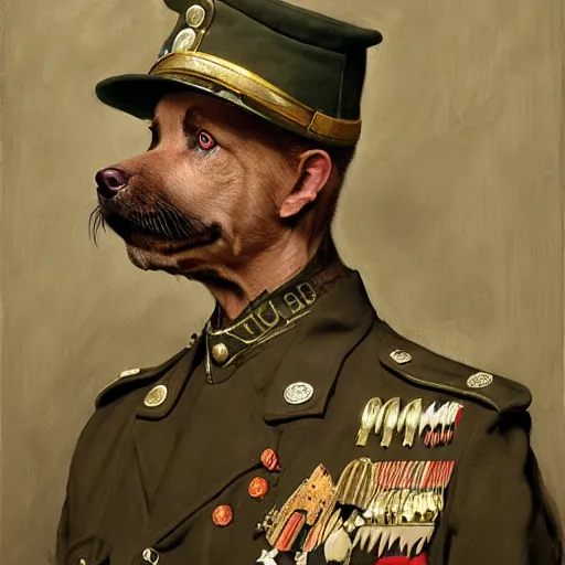 Prompt: old dog with big mustache dressed as a antropormophhic dog veteran colonel of the first world war german army, a dog as a human, highly detailed painting by gaston bussiere, craig mullins, j. c. leyendecker