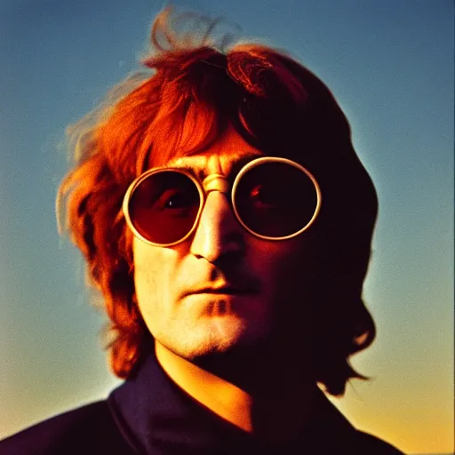 Prompt: 120mm photograph of John Lennon , Rolleiflex TLR, 1960, cigarette , sunglasses, sunset, Kodachrome, New York City,