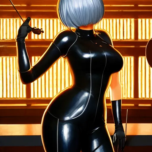 Image similar to highly detailed painting of 2 b from nier automata wearing a latex suit in a bar, stephen bliss, 8 k, by greg rutkowski, loish, rhads, artgerm, ferdinand knab, makoto shinkai and lois van baarle, ilya kuvshinov, rossdraws, global illumination, radiant light, detailed and intricate environment