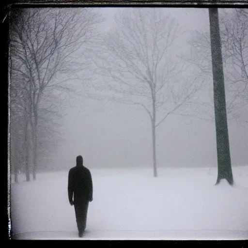 Prompt: eerie photograph of a man sleepwalking during a blizzard, 6 0 mm film