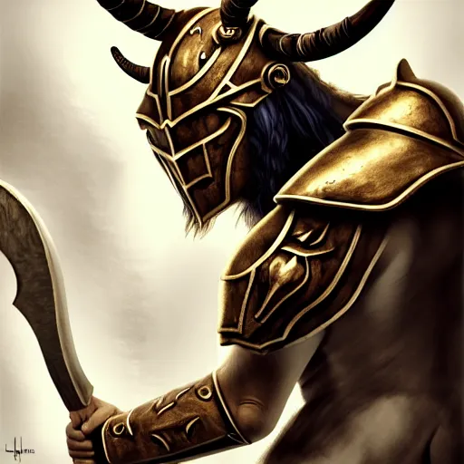 Image similar to Giant minotaur humanoid beast warrior with two handed axe, horned helmet, concept art, heavy white and golden armor, giant horns, portrait, dungeons and dragons, hyperrealism, high details, digital painting, dark fantasy