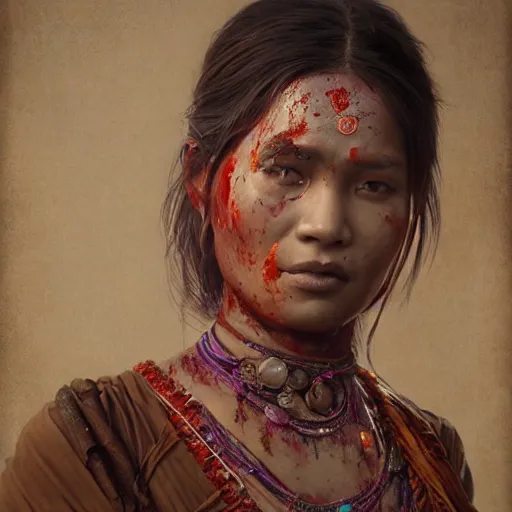 Image similar to portrait painting of a bloodied nepali female butcher wearing sari, ultra realistic, concept art, intricate details, eerie, highly detailed, photorealistic, octane render, 8 k, unreal engine. art by artgerm and greg rutkowski and alphonse mucha