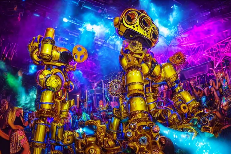 Image similar to scene is elrow party in amnesia ibiza, portrait photo of a giant huge golden and blue metal steampunk robot, with gears and tubes, eyes are glowing red lightbulbs, shiny crisp finish, 3 d render, 8 k, insaneley detailed, fluorescent colors, haluzinogetic, background is multicolored lasershow