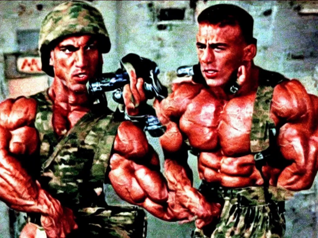 Image similar to vintage 90s VHS video still of a muscular soldier promoting Bagdad, retro TV, noise, hue