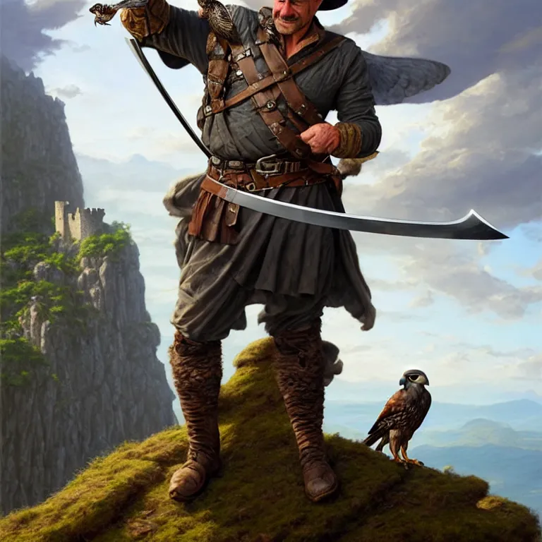 Image similar to middle age ranger with rugged expresions falcon pet on his sholder holding a long sword, top a cliff observing old ruins of a castle, elegant clothing, photorealistic render, matte patining, highly detailed, artstation, smooth, sharp focus, art by michael whelan, artgerm, greg rutkowski