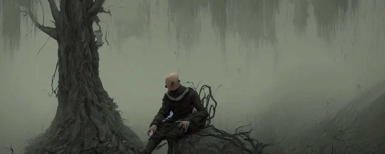 Image similar to duotone noir illustration close up of bald merchant demon sitting below willow tree in medieval brown tunic. foggy evening. dark dream atmosphere with volumetric hellish lighting, by sachin teng and sergey kolesov and ruan jia and heng z. graffiti art, scifi, fantasy, hyper detailed. octane render. concept art. trending on artstation