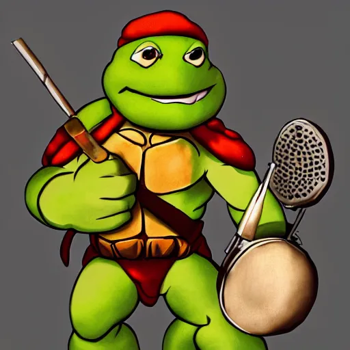 Image similar to teenage mutant ninja turtle michaelangelo holding frying pan full of doornails, wearing white chef hat, volumetric lighting, realistic, photo, artstation